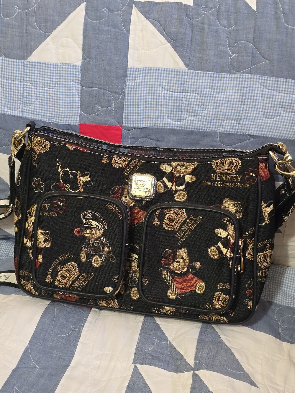 Henney Bear Black Teddy & Crown Print Messenger Bag
